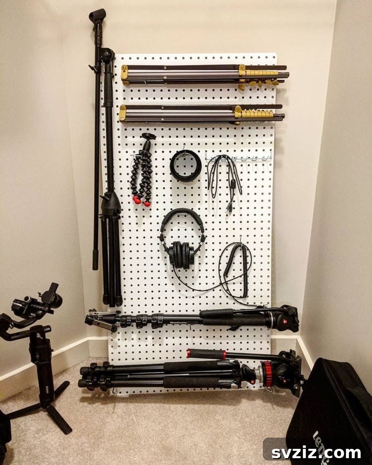 Pegboard storage for camera equipment and photography gear
