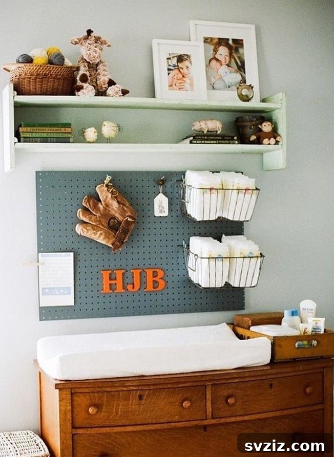 Nursery pegboard organization for baby essentials