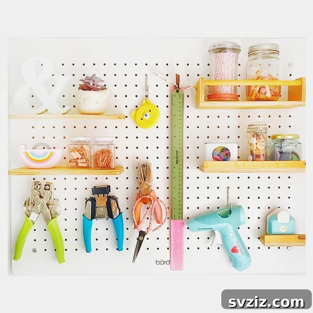 Craft cubbie pegboard with jars and tools