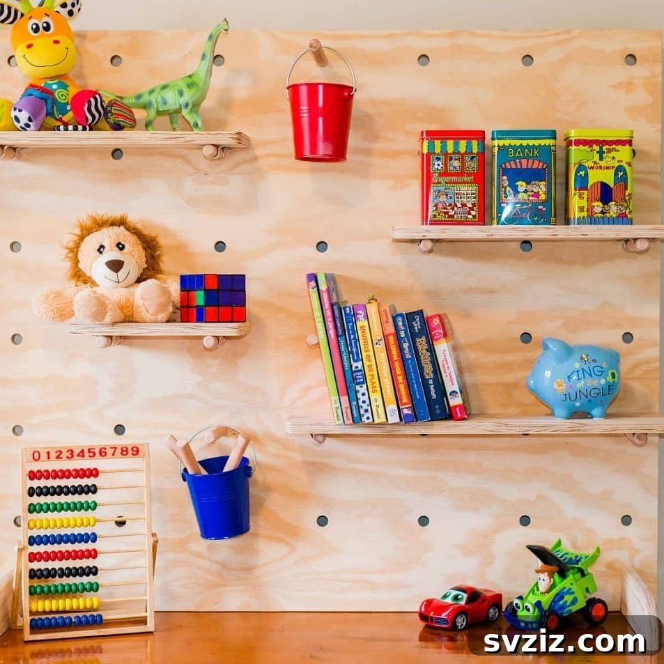 Playroom pegboard with adjustable shelves for toys and books