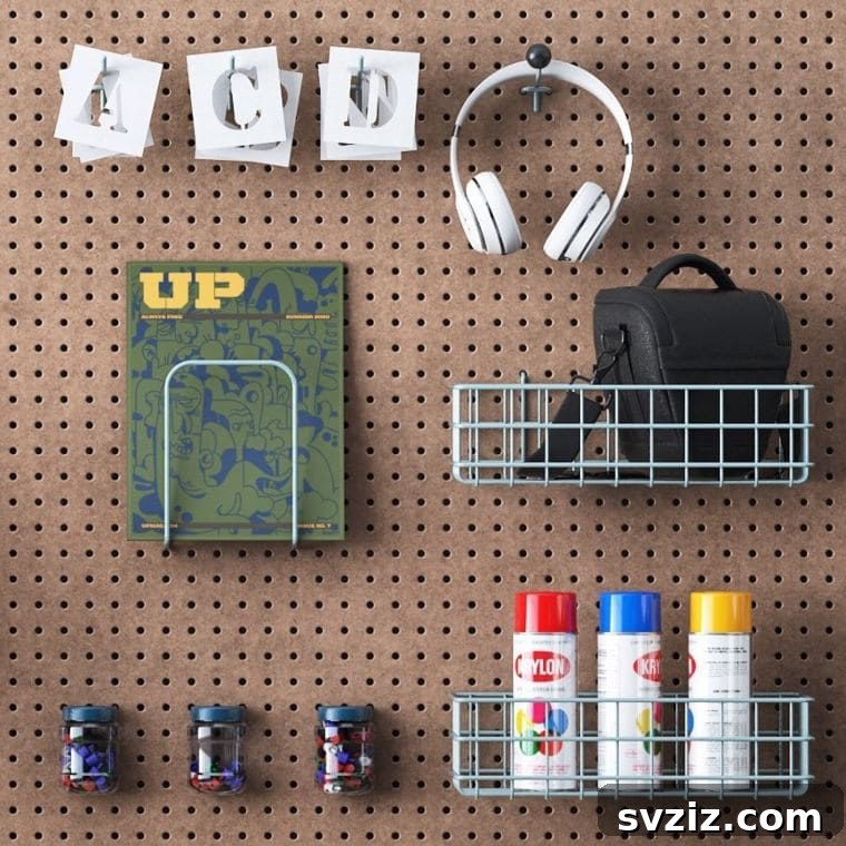 Organized workspace with pegboard for creative supplies