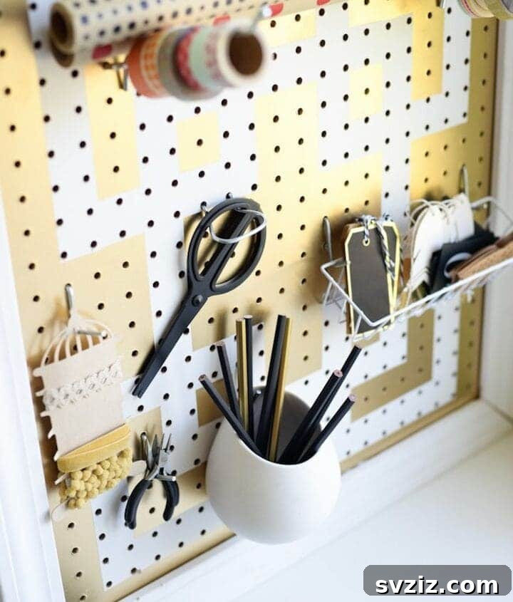 Organized craft room pegboard with supplies