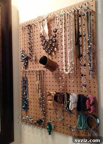 Pegboard jewelry organizer for necklaces and accessories