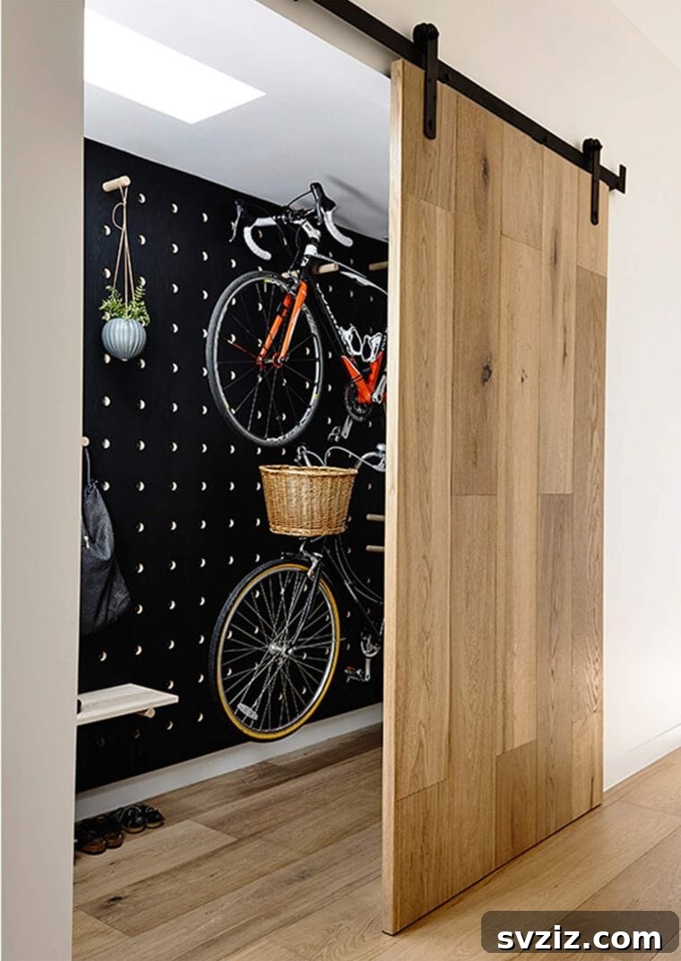 Vertical bike storage on a large pegboard