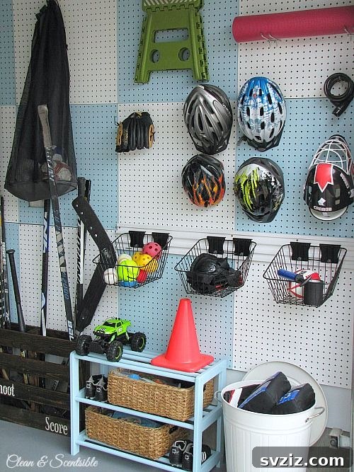 Organized garage pegboard storage for tools and equipment