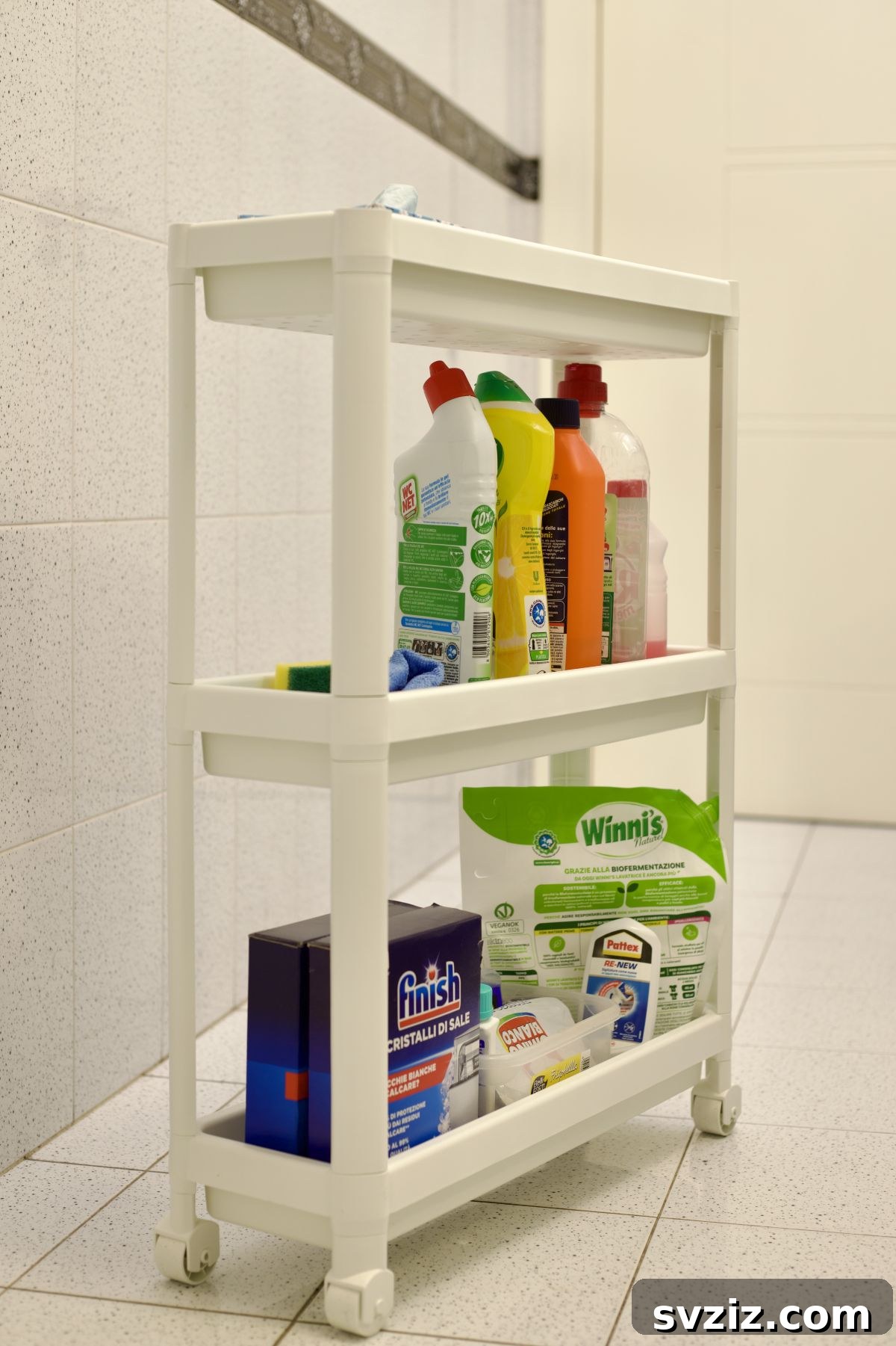 Rolling cart used as a cleaning command center