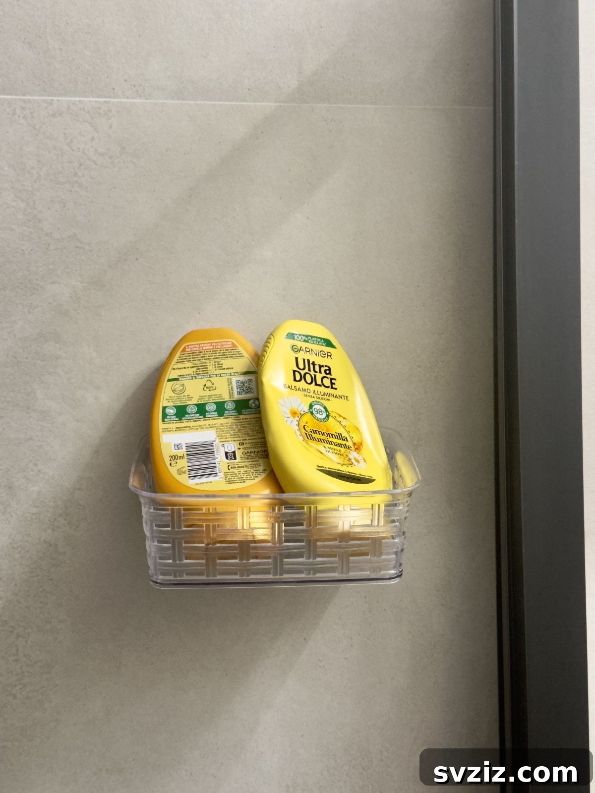 Shower baskets installed for bath product storage