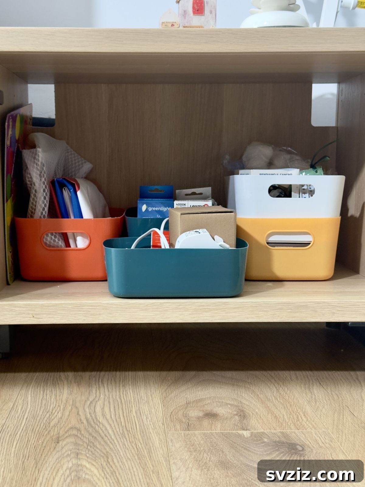 21 Genius Home Organization Hacks for ADHD Brains 11 9. Color-Coded Bins for Categorizing items easily