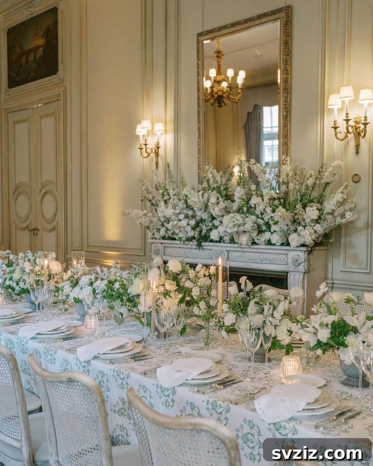 Luxurious white floral arrangement cascading over a grand fireplace, symbolizing timeless elegance for a wedding.