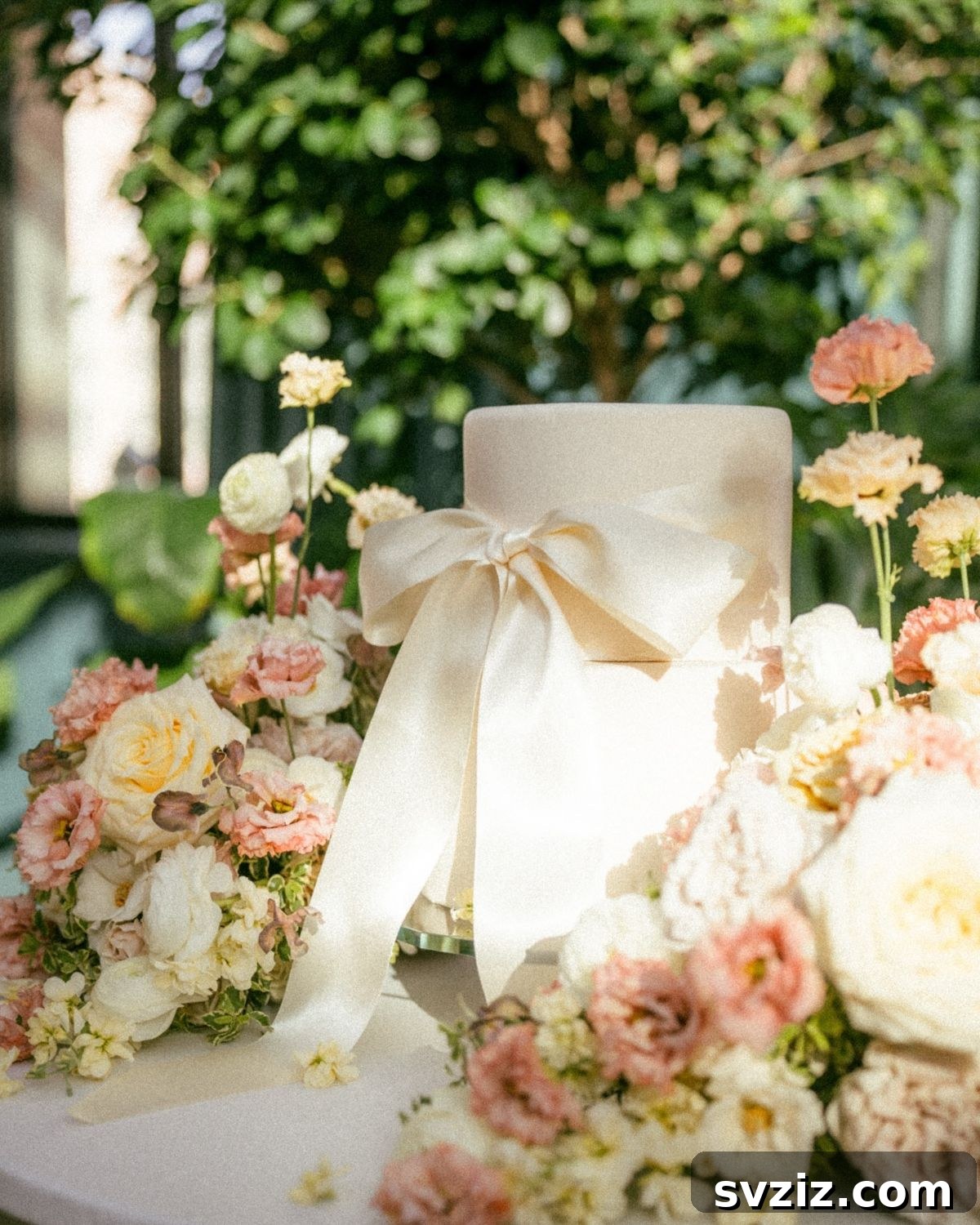Elegant two-tier wedding cake with a stunning statement bow, surrounded by white and blush pink flowers.