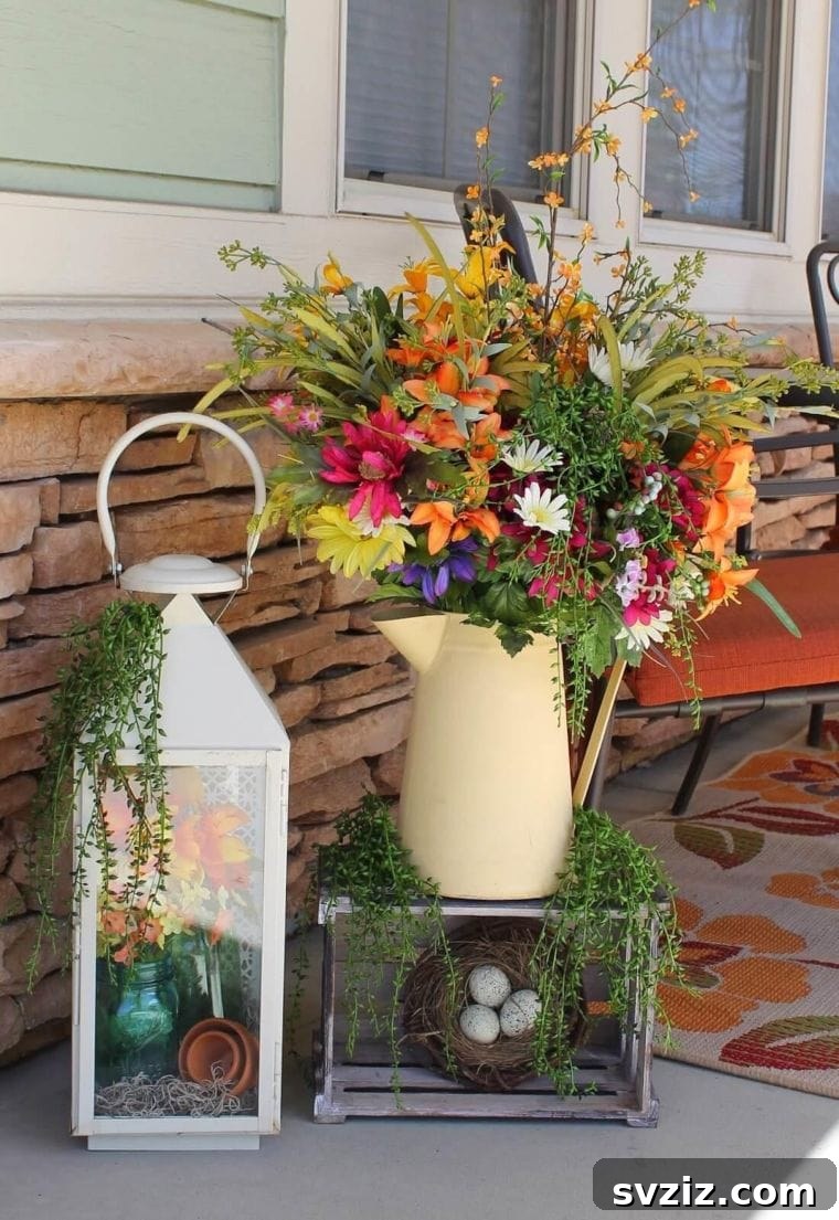 20 Charming Easter Porch Decor Inspirations 14 Pitcher of Posies
