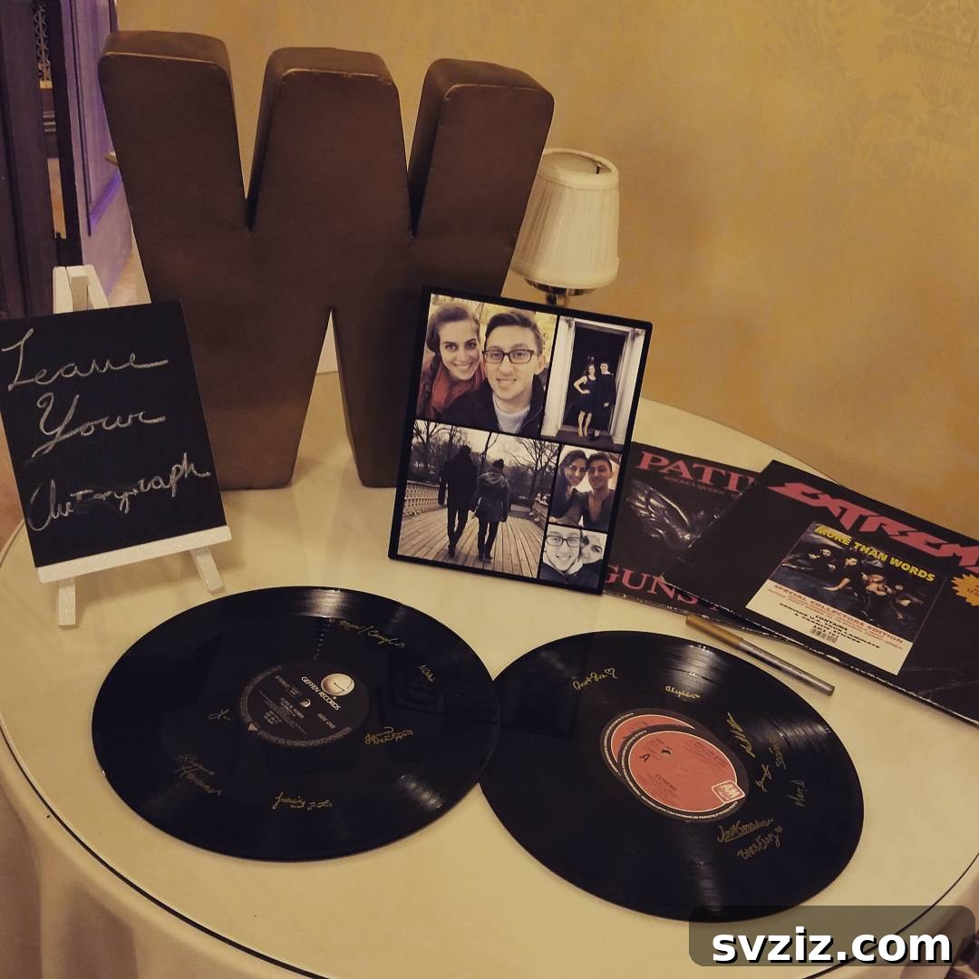 23 Ingenious Wedding Guest Signature Ideas 11 Vinyl records used as a wedding guest book for music lovers, with signatures on the labels.