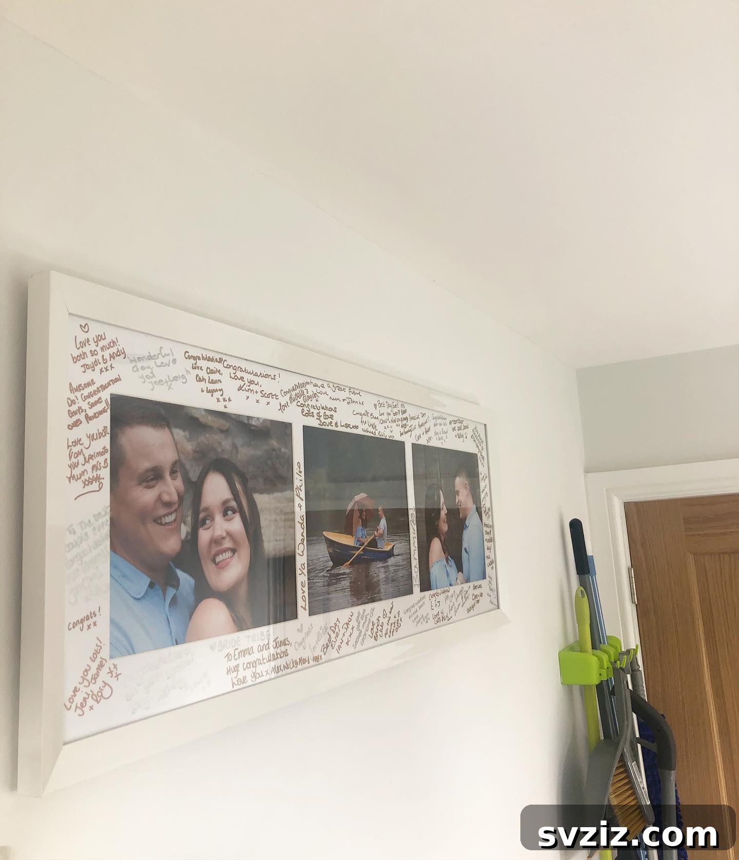 23 Ingenious Wedding Guest Signature Ideas 15 Large picture frame with engagement photos used as a wedding guest book, signed by guests.