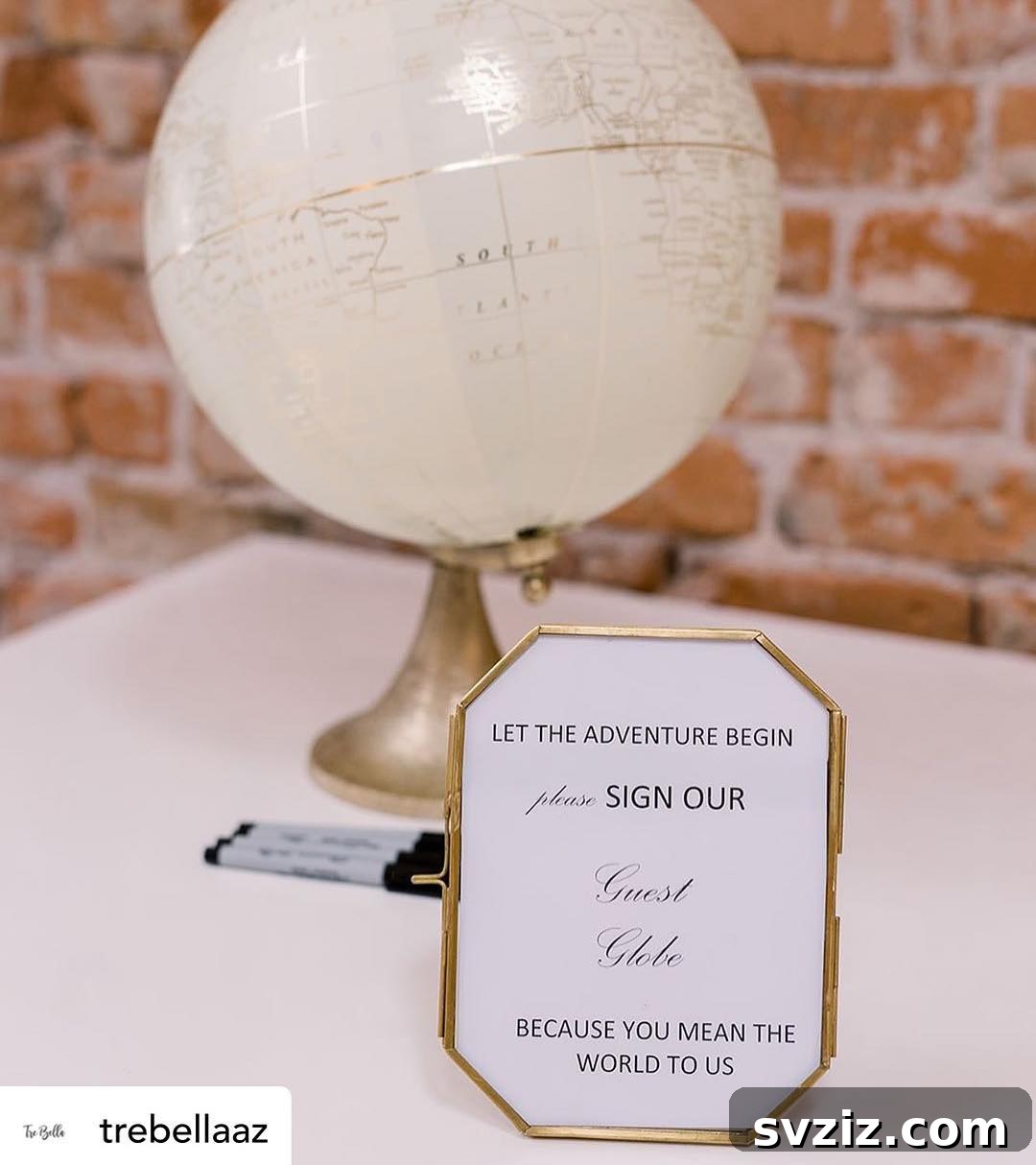 23 Ingenious Wedding Guest Signature Ideas 19 Guest globe with a sign 'Because You Mean The World To Us' for a travel-themed wedding.