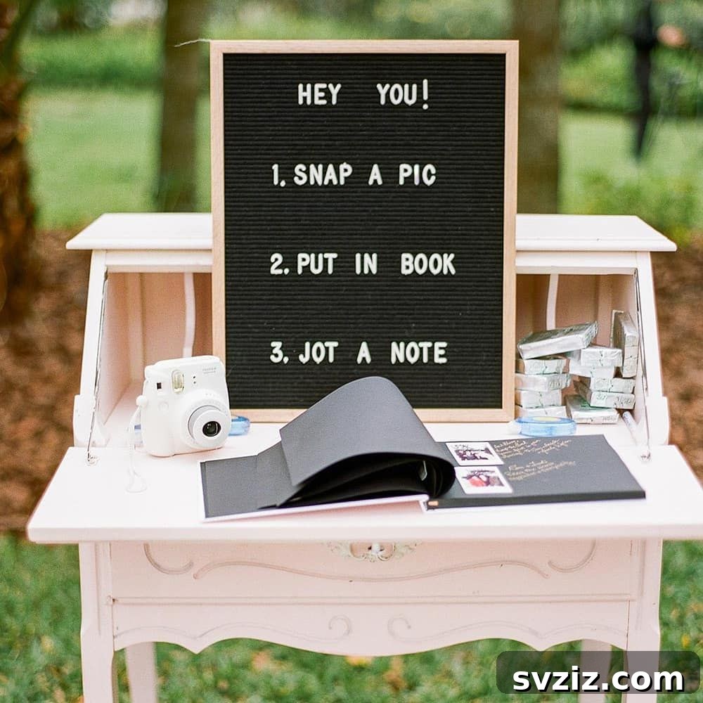 23 Ingenious Wedding Guest Signature Ideas 3 Polaroid photo guest book station with a camera and album for instant photos and messages.