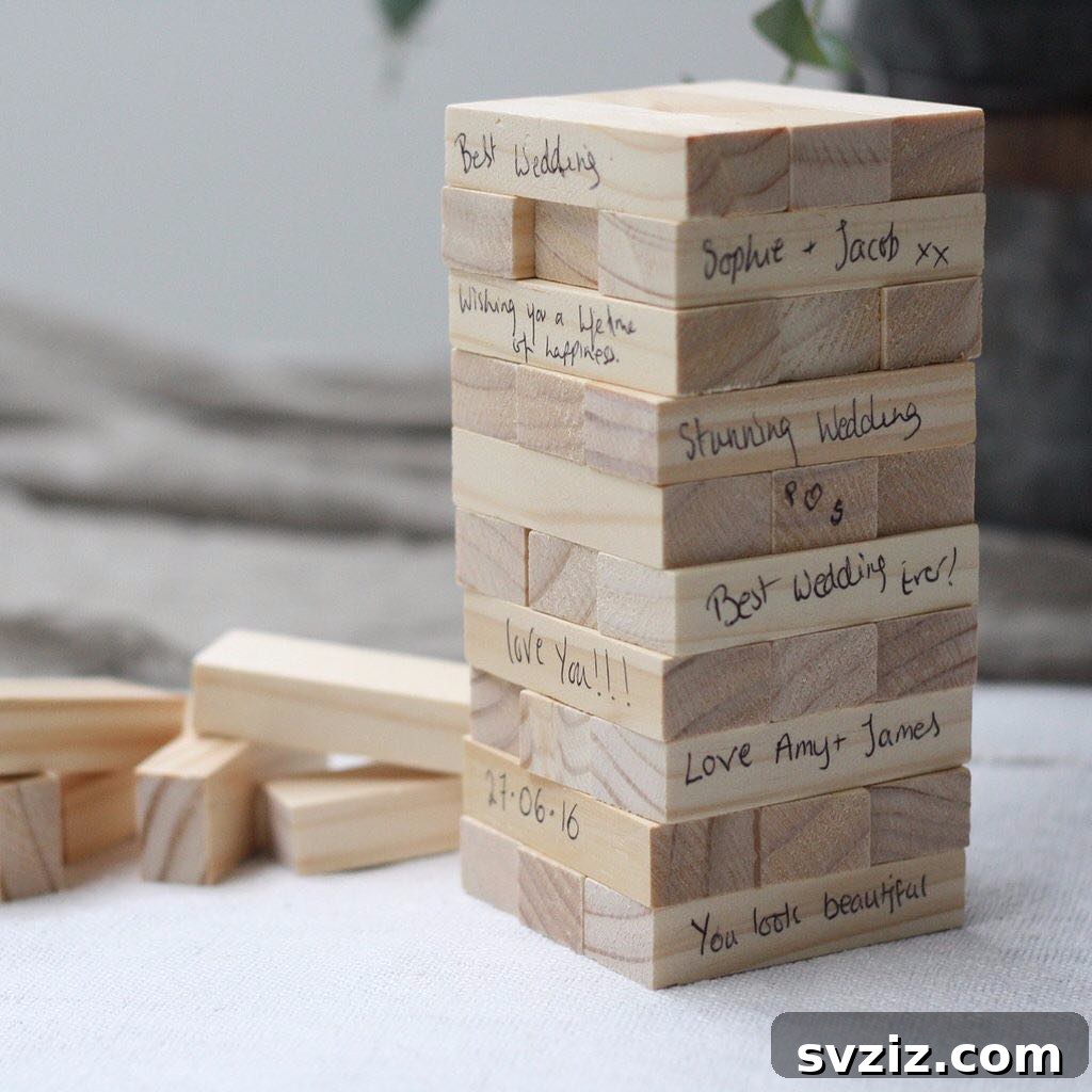 23 Ingenious Wedding Guest Signature Ideas 5 Jenga blocks used as a wedding guest book, with messages written on each block.