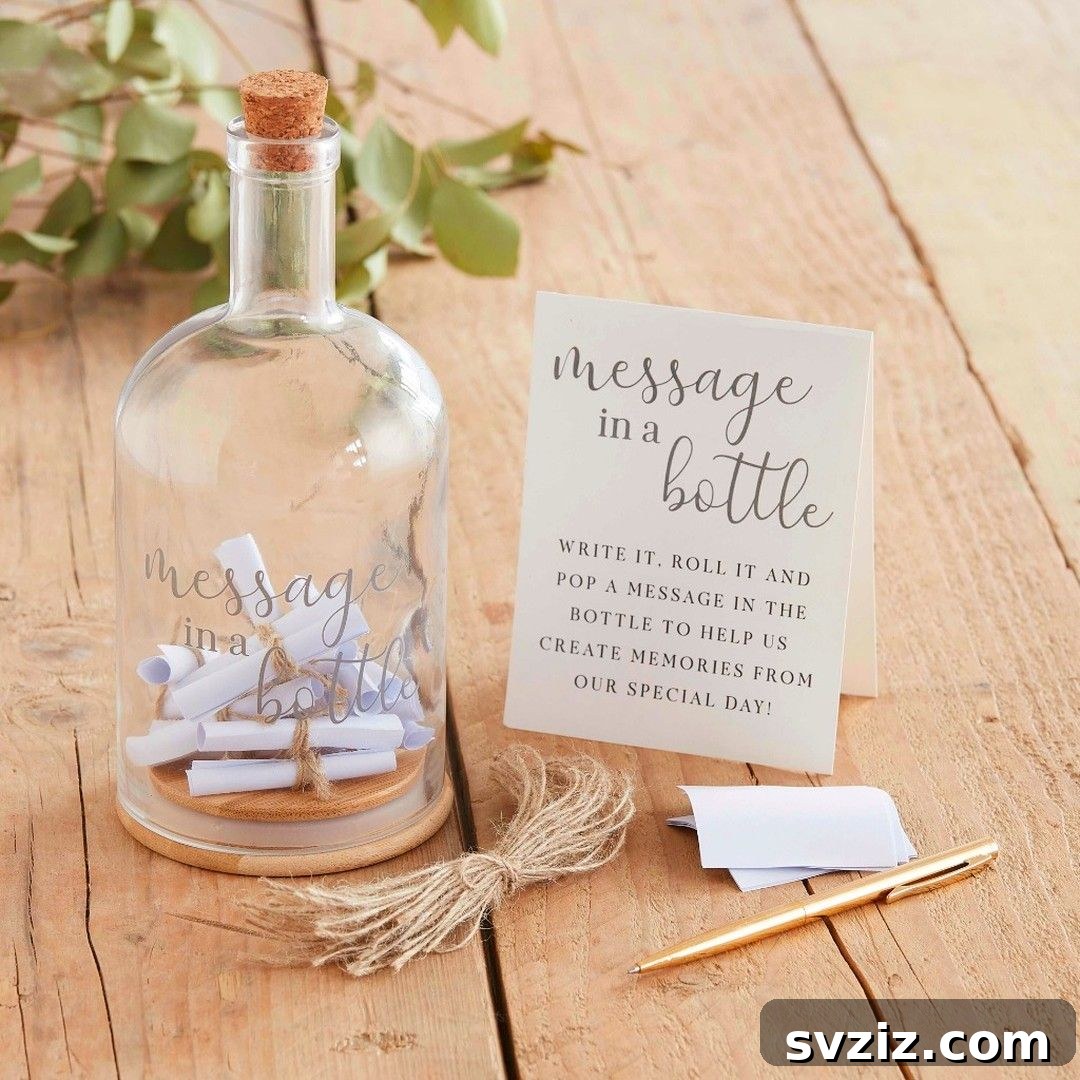 23 Ingenious Wedding Guest Signature Ideas 7 Message in a bottle wedding guest book, with notes rolled up inside a clear bottle.