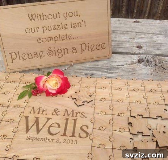 23 Ingenious Wedding Guest Signature Ideas 9 Jigsaw puzzle pieces as a wedding guest book, with messages written on each piece.