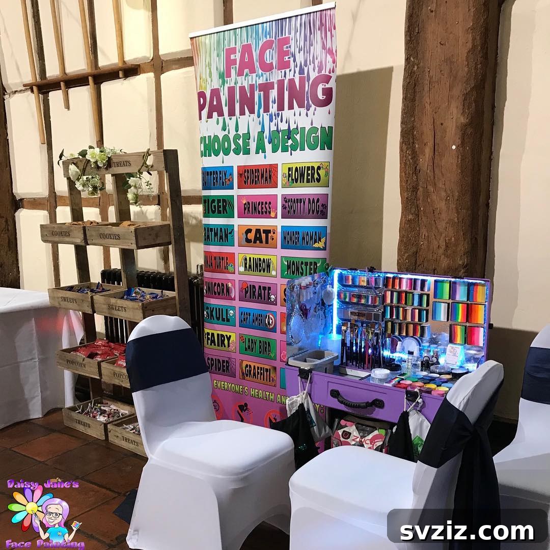 Professional face painter at a wedding reception