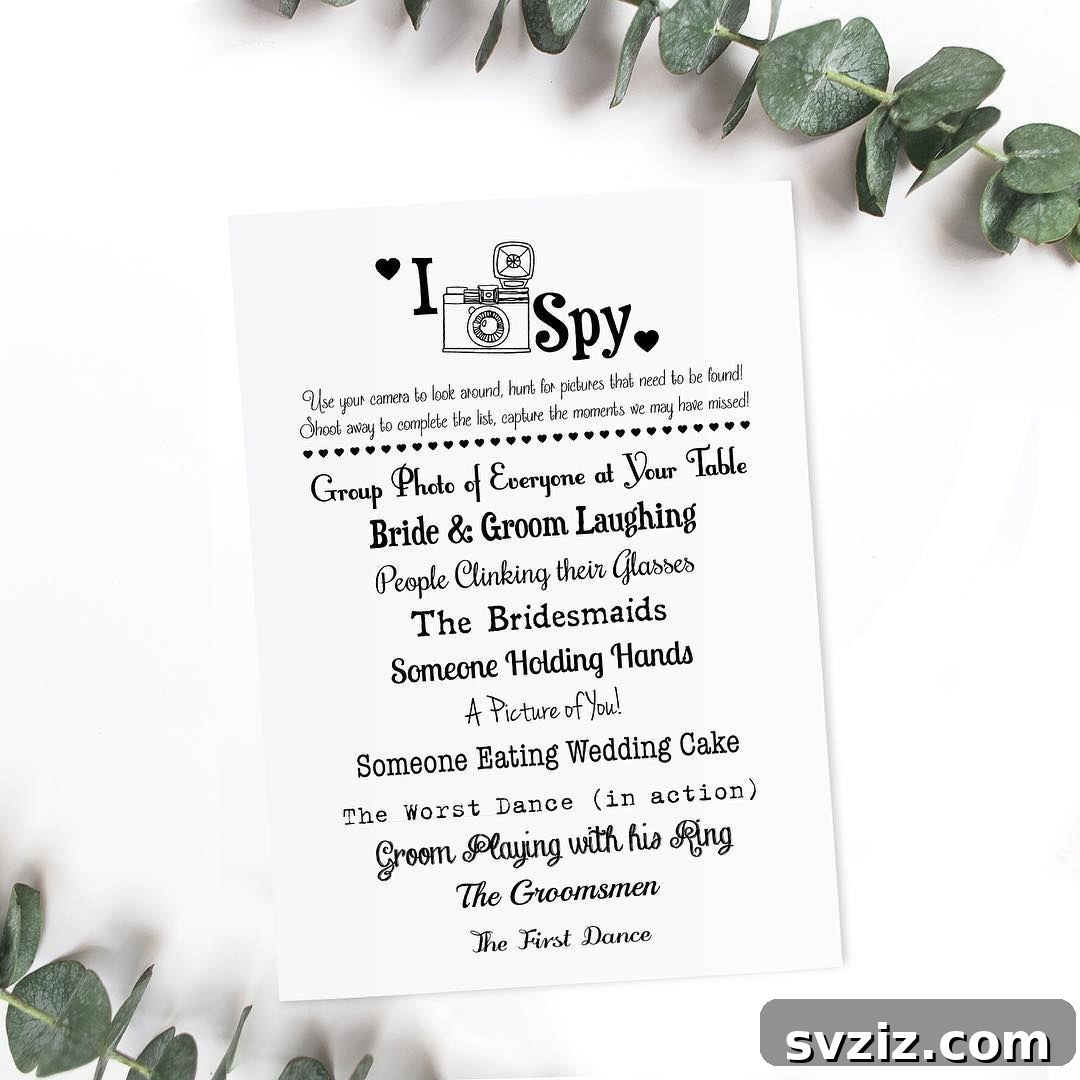 Wedding 'I Spy' game with a list of photo challenges