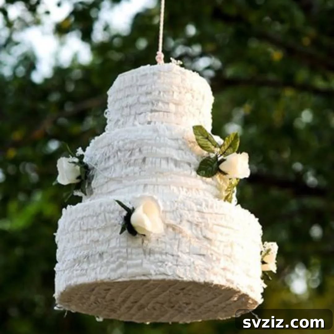 Bride and groom hitting a white wedding-themed piñata