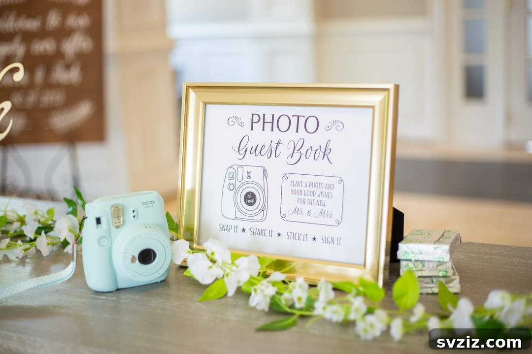 Photo guest book station with instant camera and album