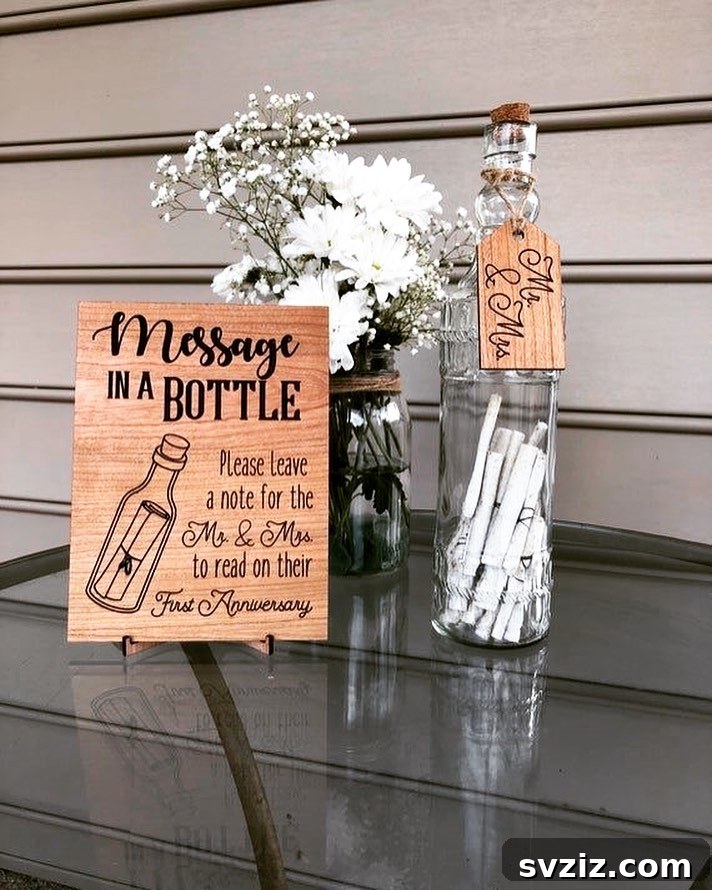 Guests placing rolled messages into a glass bottle for the newlyweds
