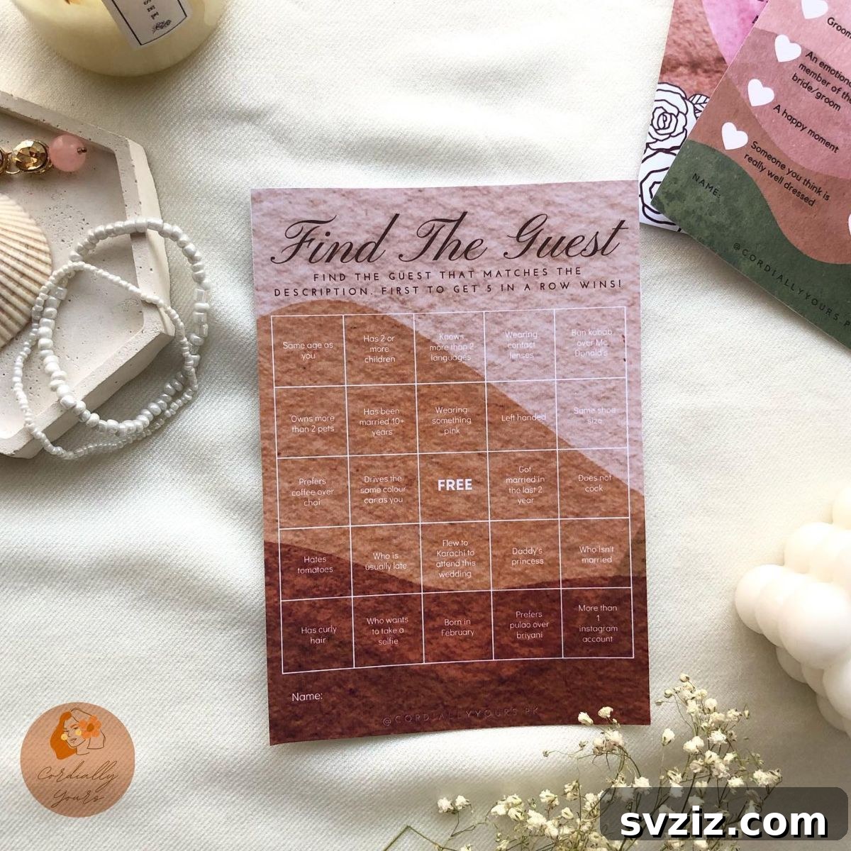 Wedding 'Find the Guest' bingo game card