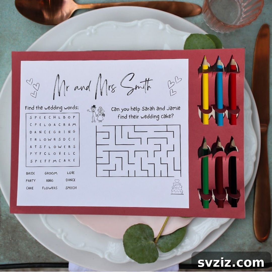 Children's wedding activity sheet with games and coloring