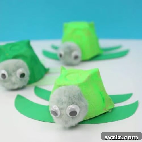 31 Effortless Kids Crafts for Hours of Fun 20 Creative Egg Carton Turtle craft, demonstrating upcycling with green cardboard, pom poms, and googly eyes.