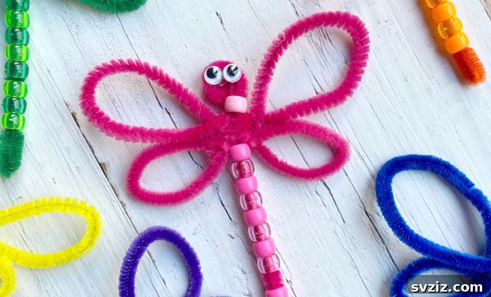 31 Effortless Kids Crafts for Hours of Fun 23 Elegant DIY Beaded Pipe Cleaner Dragonfly craft, a sweet springtime activity for fine motor skill development.
