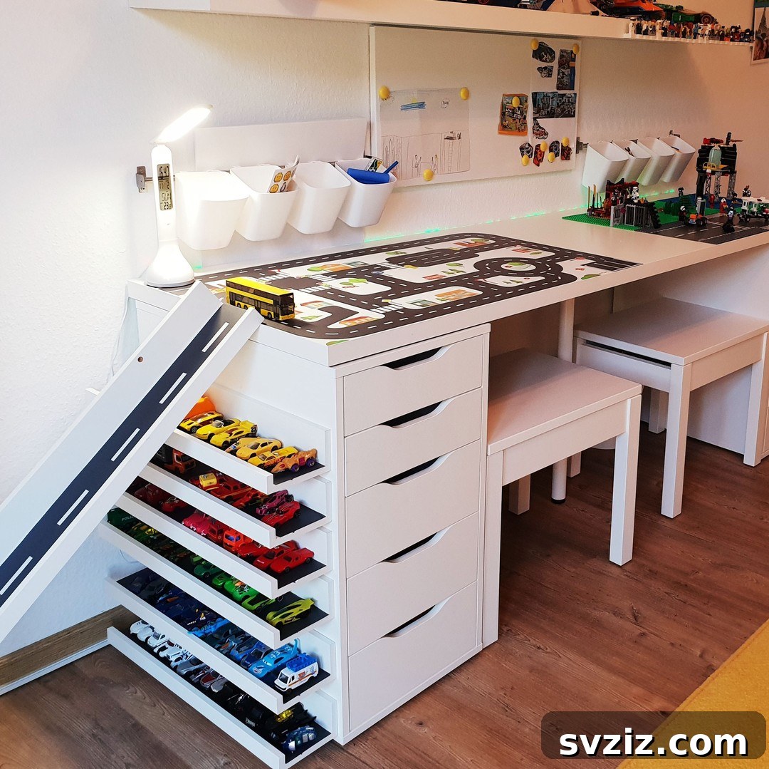 Kids Play Area created with IKEA Alex drawers, featuring a desk and fun car ramp.