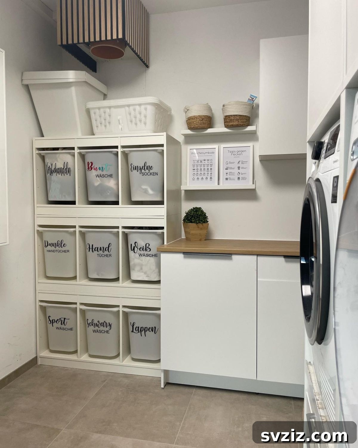 Laundry Corner featuring IKEA Trofast shelf units and sliding bins for optimized utility room storage.