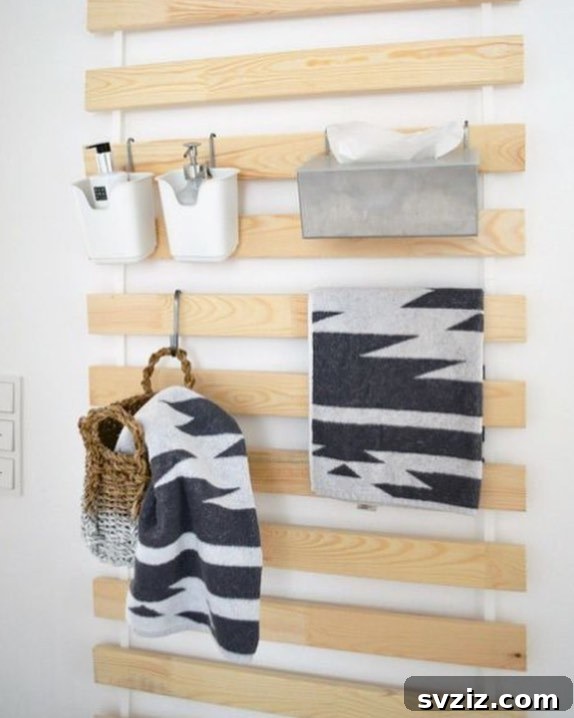 IKEA Bed Slat Bathroom Hack transforming bed slats into vertical storage for bathroom essentials.