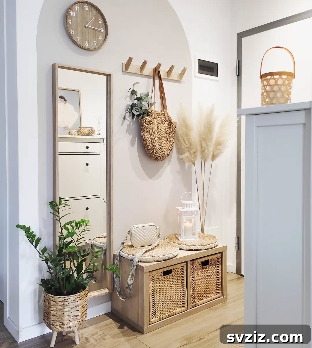 Stylish Hallway Decor with IKEA Kallax cube storage, hyacinth baskets, and a wall mirror.