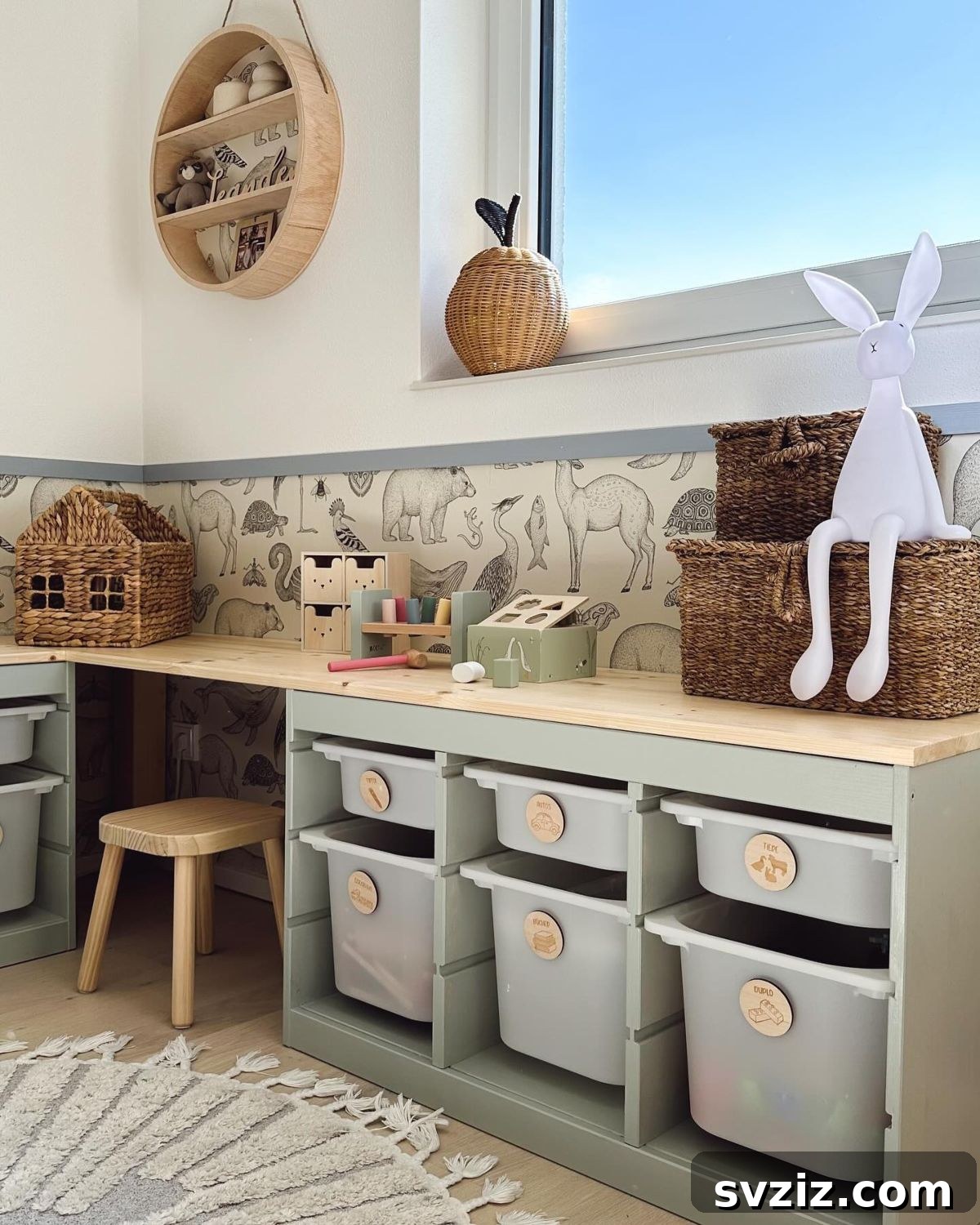 Toddlers Play Corner with IKEA Trofast storage system, organizing toys in a small room.