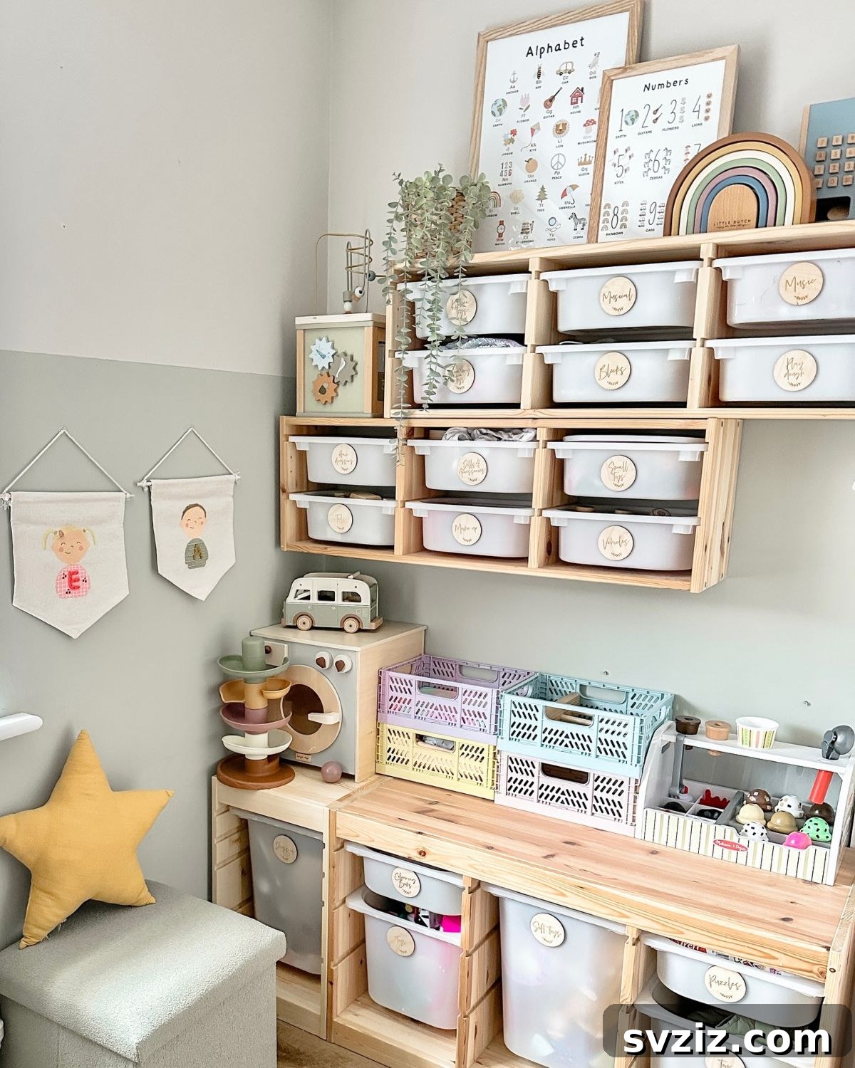 Kids Room Wall Storage featuring IKEA Trofast shelves and colorful bins, ideal for small spaces.
