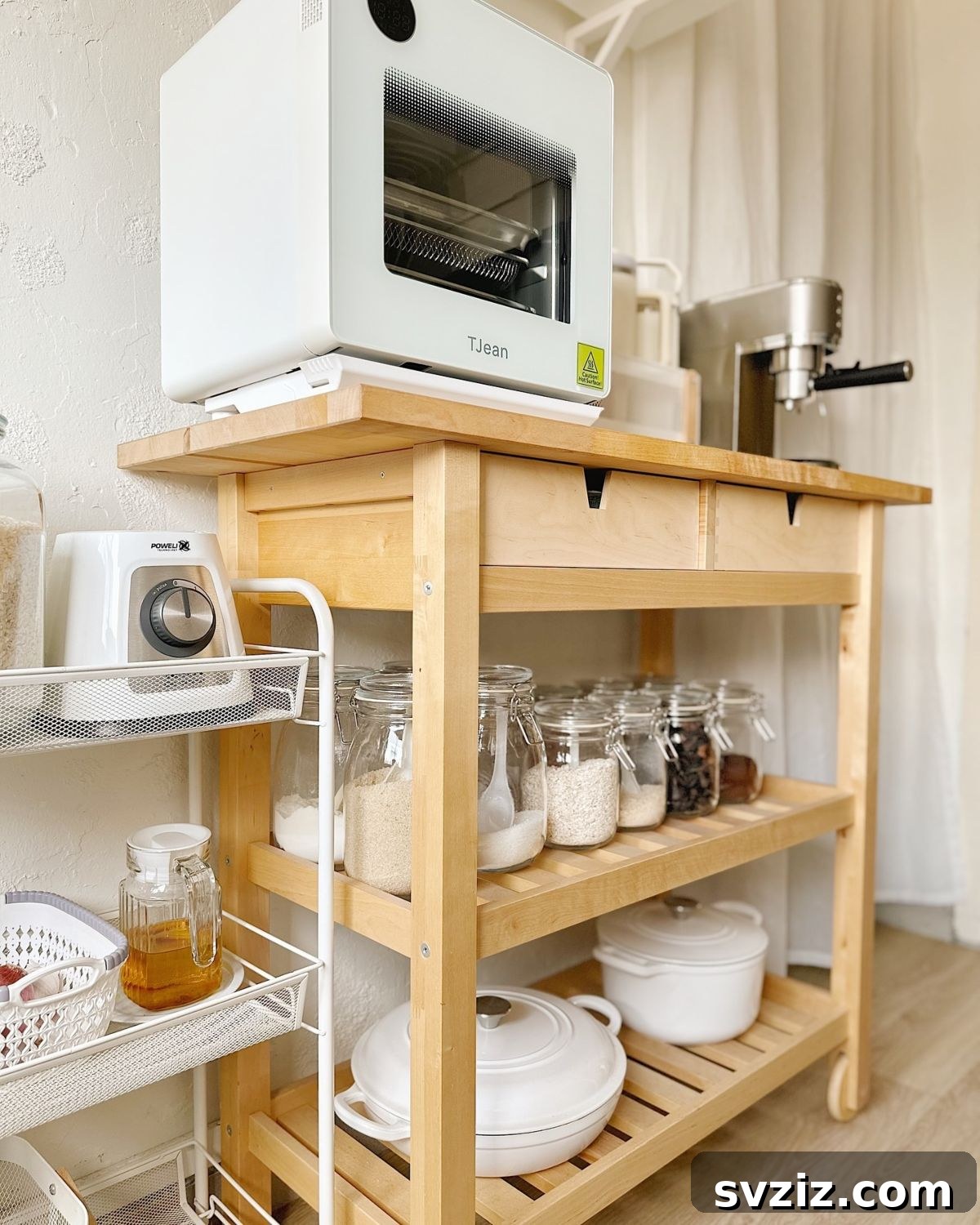 Kitchen Appliance Storage using an IKEA Förhöja wooden trolley, perfect for small kitchens.