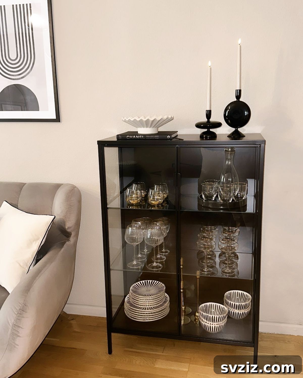 Elegant Glassware Display Cabinet, an IKEA Bestå hack with glass fronts for refined storage.