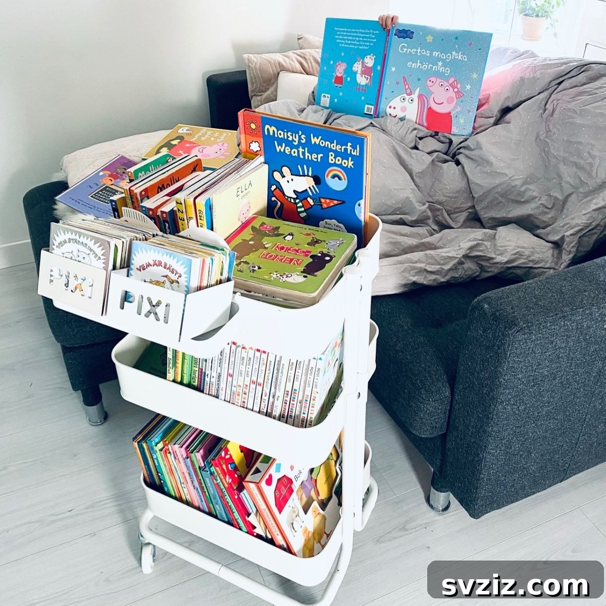 Rolling Cart Reading Corner created with an IKEA Råskog cart, perfect for encouraging reading.