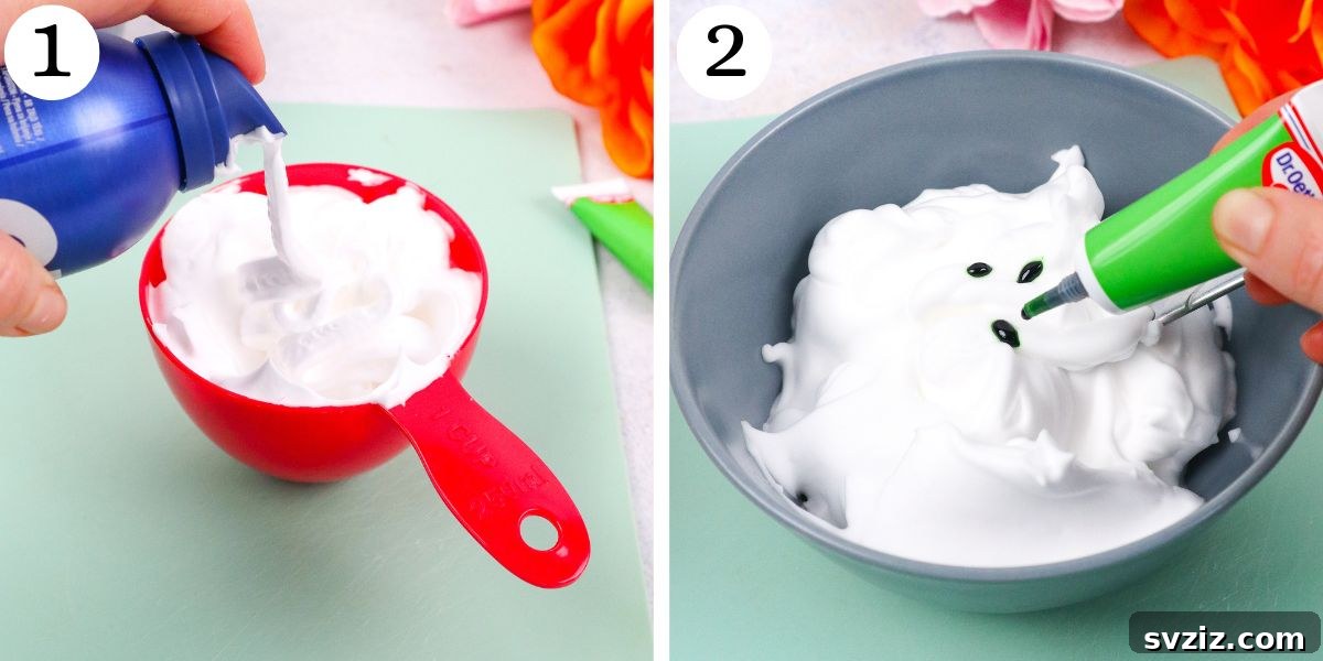 Fluffy Foam Dough 4 Quick to Make Foam Dough: Mixing shaving foam and food coloring.