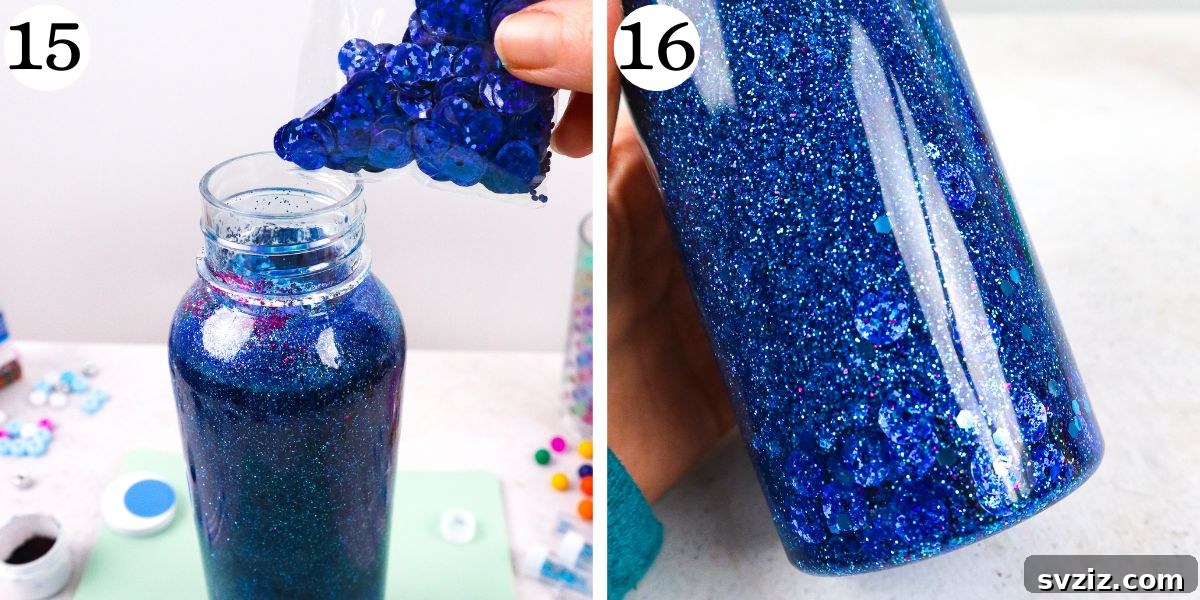 Pretty Sensory Bottles - Final Result with Glitter and Color