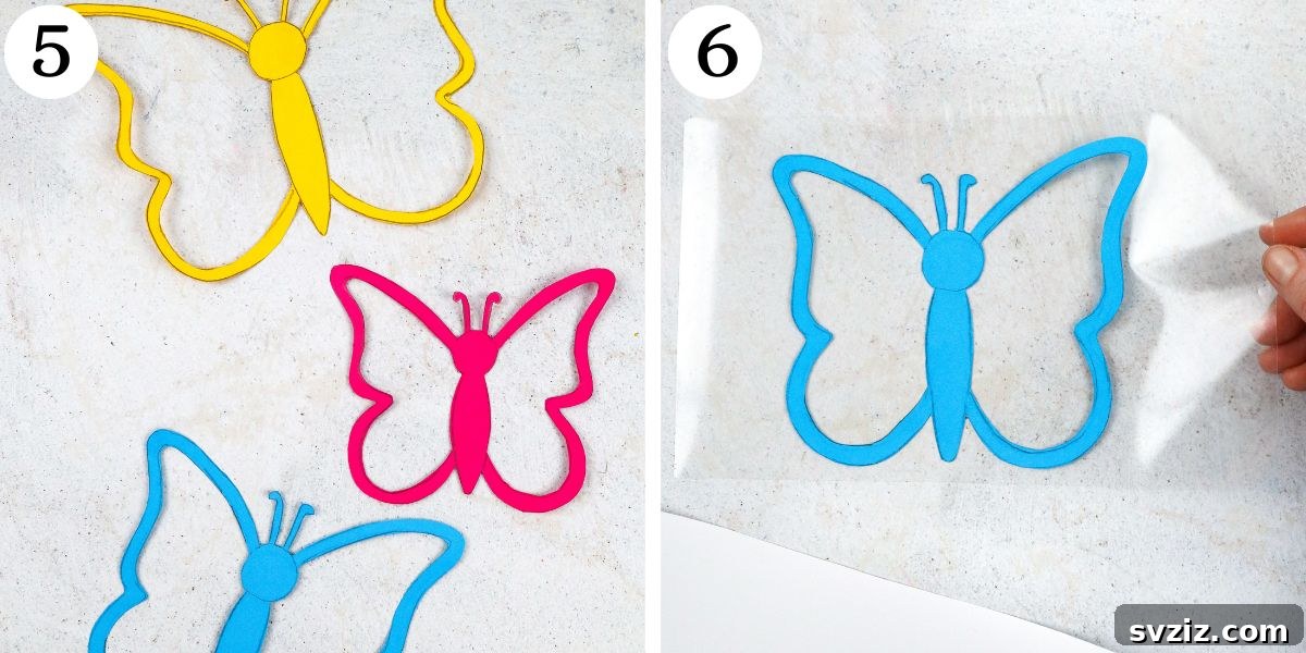 Placing the clever butterfly suncatcher template on a laminating sheet