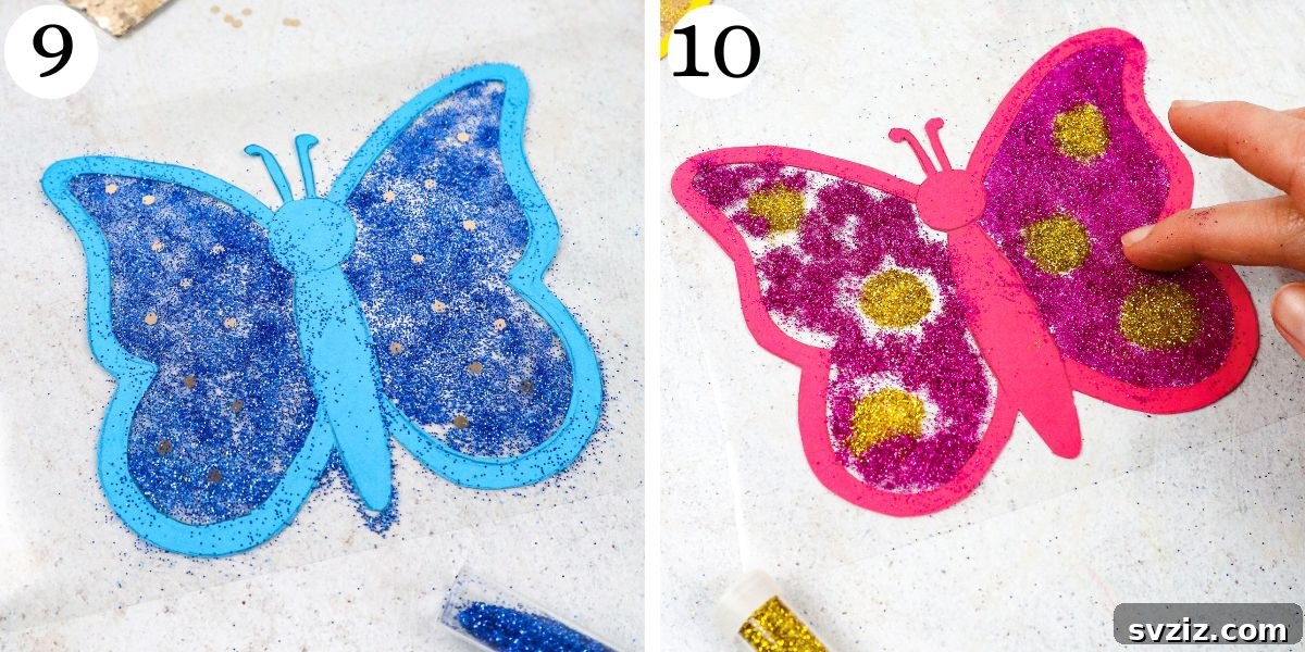 A quick butterfly suncatcher design with pink cardstock and varied decorations