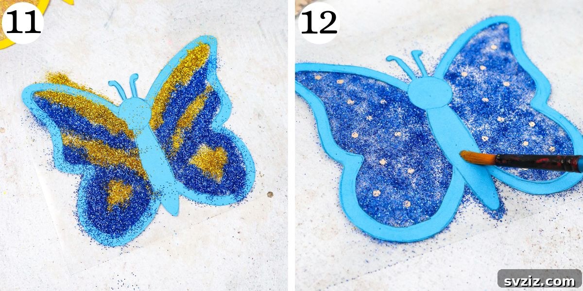 Adding glitter to a creative butterfly suncatcher