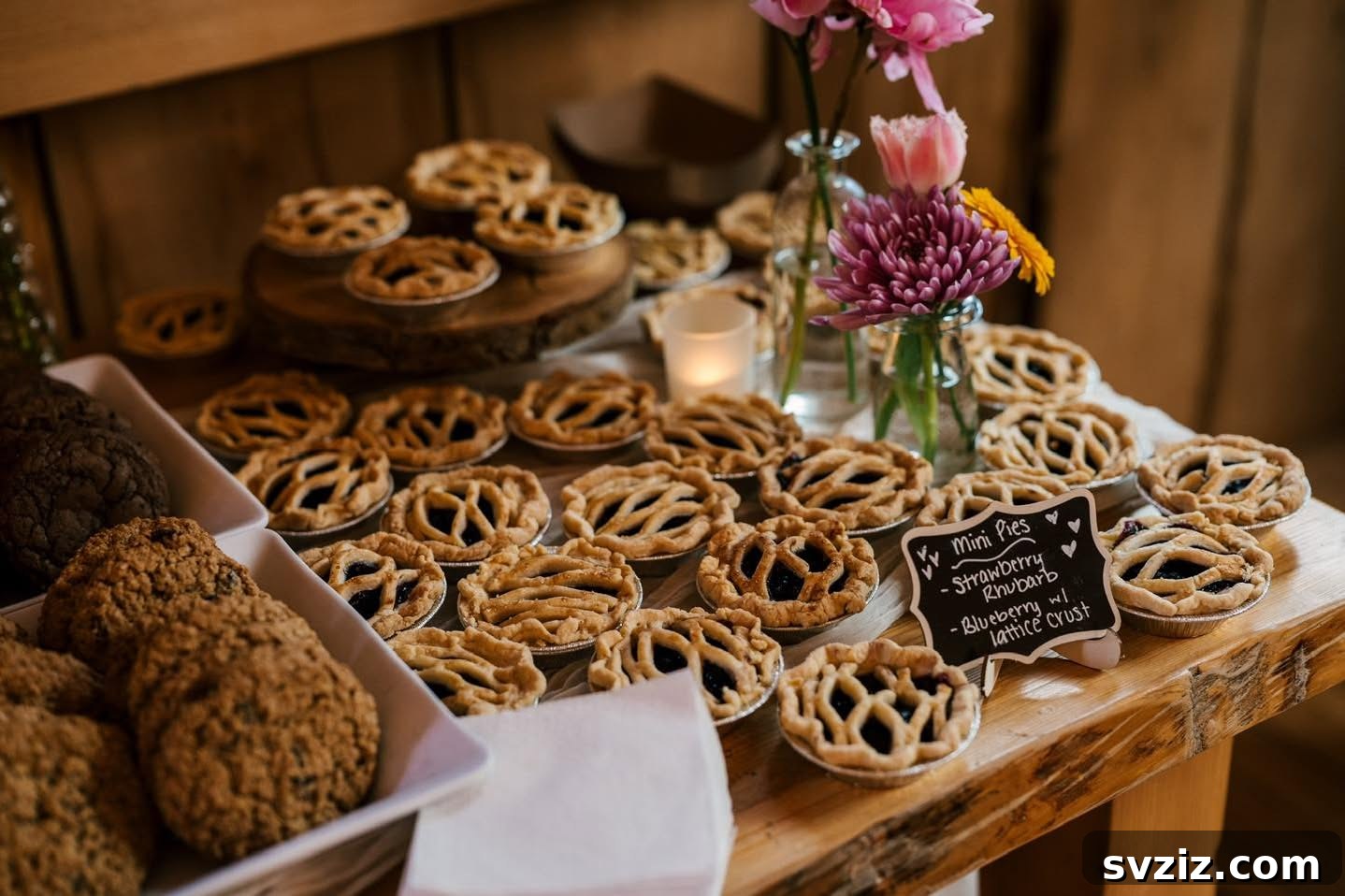 Exquisite Wedding Dessert Spreads 13 A charming display of gourmet fruit pies on a rustic dessert table, offering a cozy, homemade charm with a fancy twist.