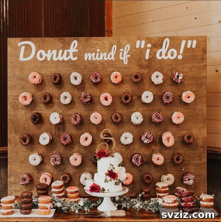 Exquisite Wedding Dessert Spreads 19 A mouthwatering donut wall featuring a playful 'Donut Mind If I Do!' sign, showcasing rich, decadent donuts in warm, rustic chocolaty tones.