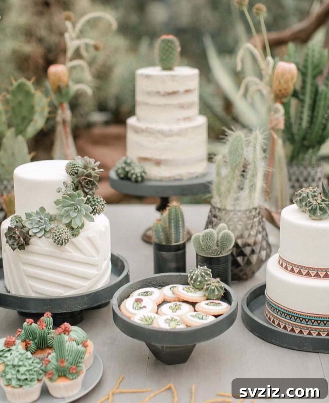 Exquisite Wedding Dessert Spreads 24 A unique wedding dessert table adorned with live cacti and succulents, complementing creamy ivory iced cakes and cookies on elegant stone trays.
