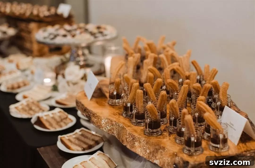 Exquisite Wedding Dessert Spreads 27 A delightful display of churros and chocolate on a rustic wooden board, served in elegant dessert cups, perfect for a wedding.