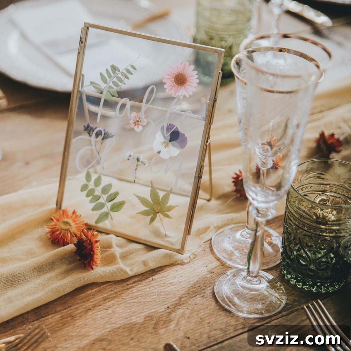 Elegant Gold Framed Pressed Florals as Wedding Table Numbers